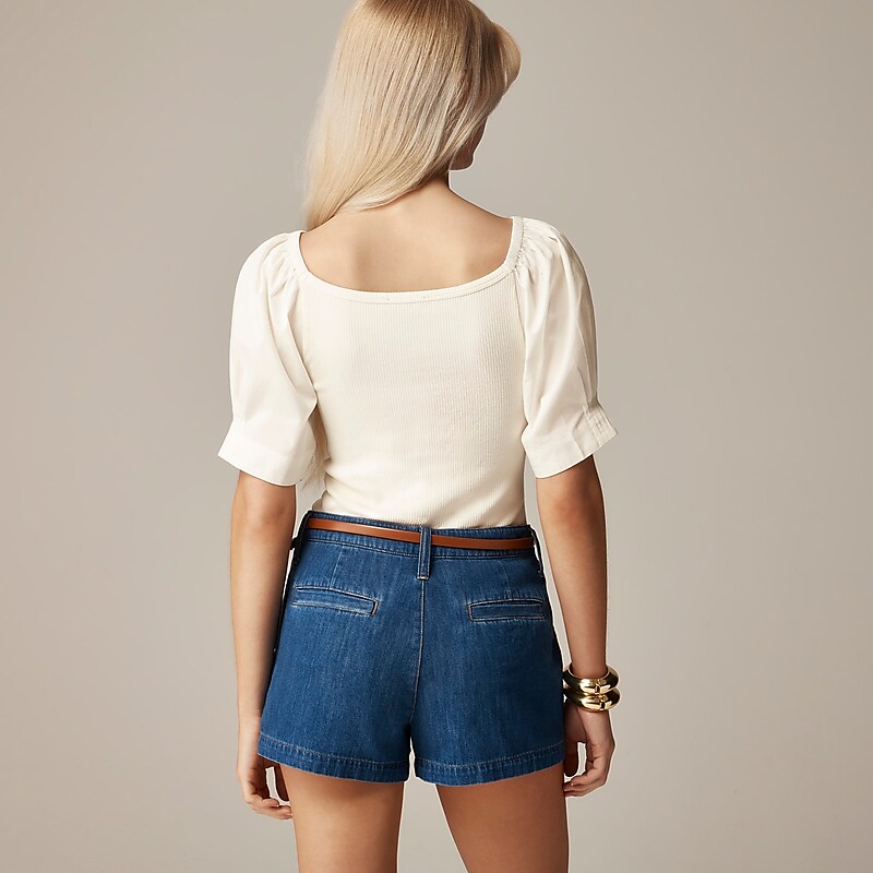 J.Crew Vintage rib top with cotton poplin puff sleeves Ivory Outlet | 90KLAQFJZ