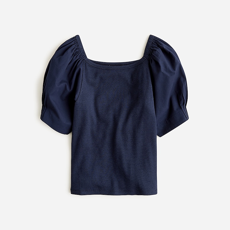 J.Crew Vintage rib top with cotton poplin puff sleeves Navy Factory Promo | 69ICJKWXH