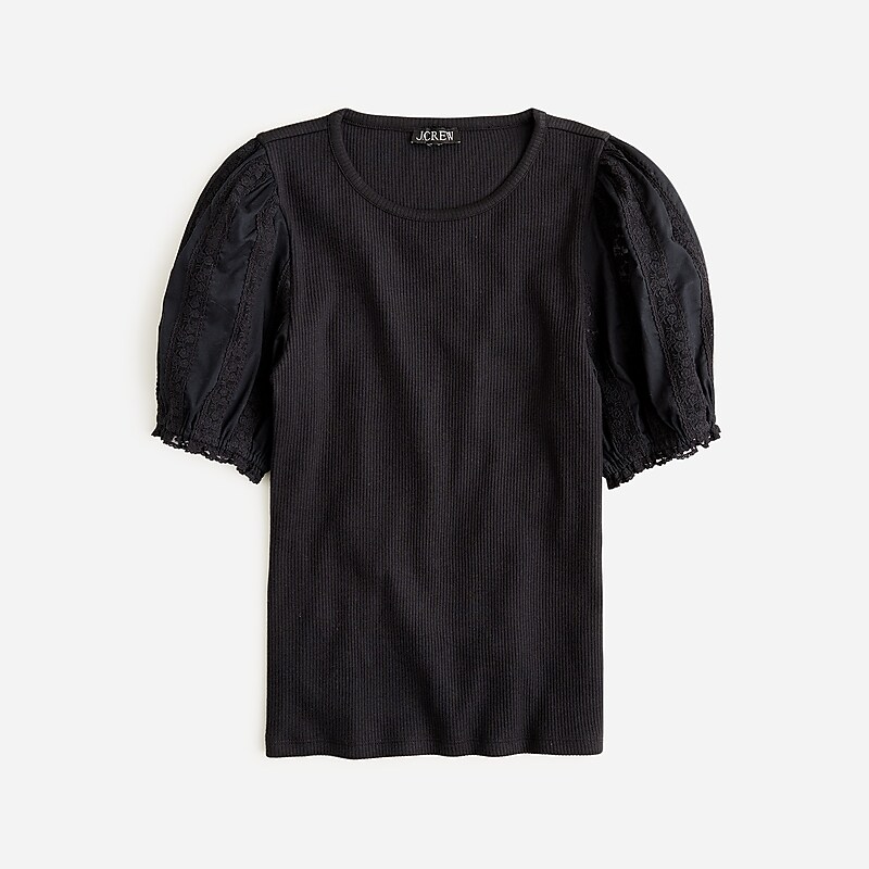 J.Crew Vintage rib top with lace puff sleeves Black Sale | 20SMHXOFK