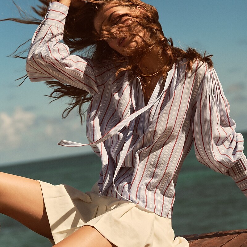J.Crew V-neck tie top in striped cotton-blend dobby French Blue Red Stripe Online | 06DPMRGZQ